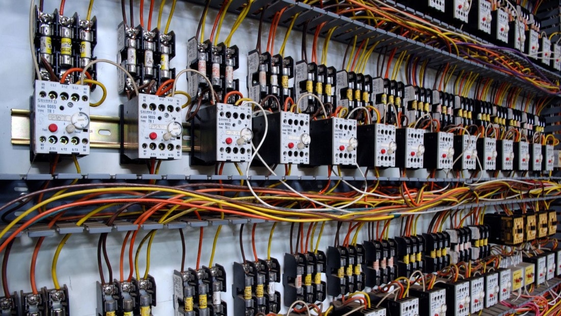 Industrial switchgear with relays and power wiring