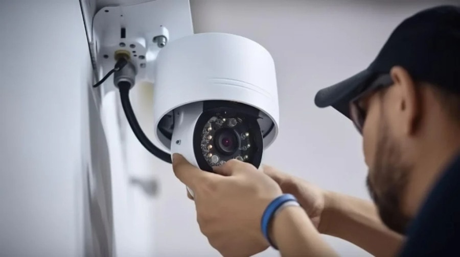 Instalación de cámara de seguridad electrónica en pared